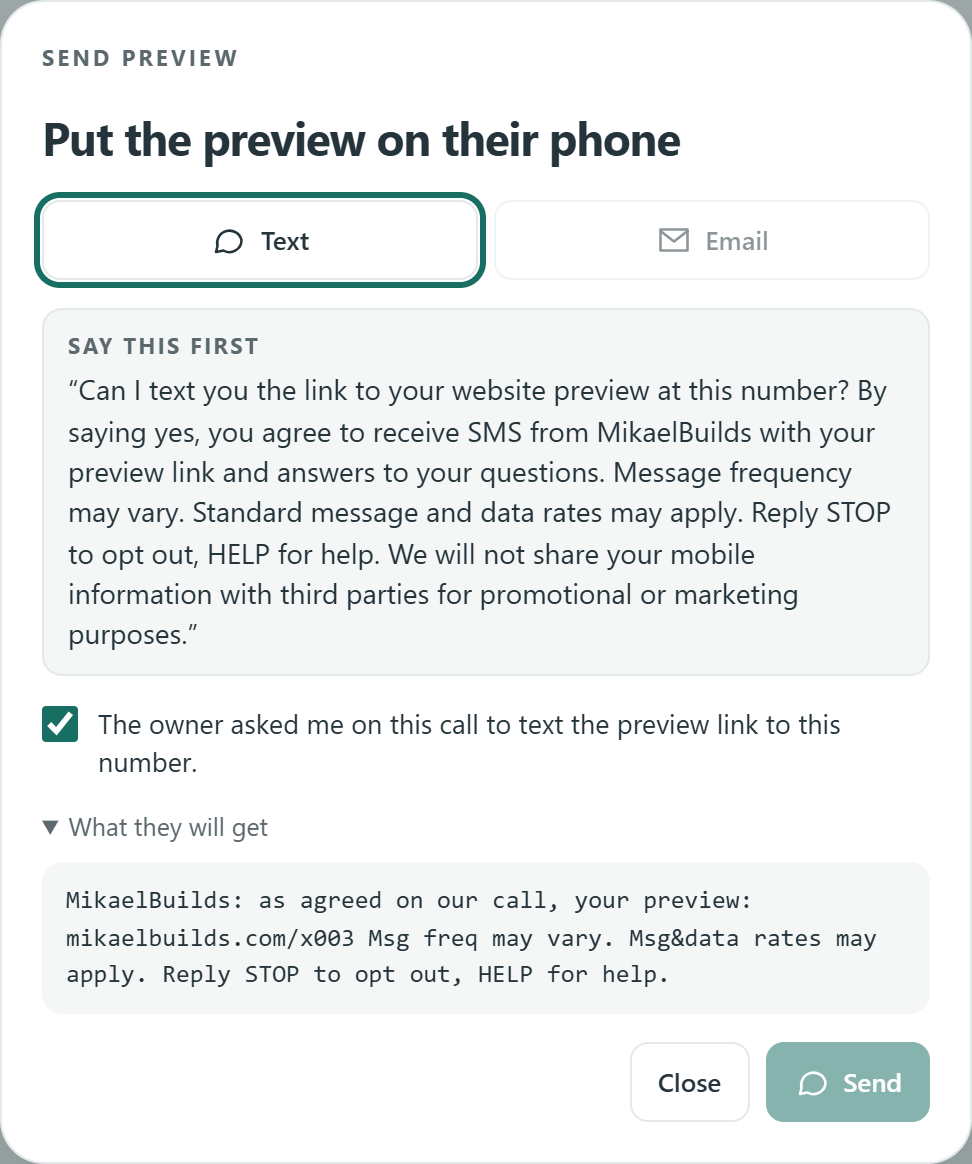 The consent step in the MikaelBuilds CRM: the script the agent reads, the consent checkbox and the Send button